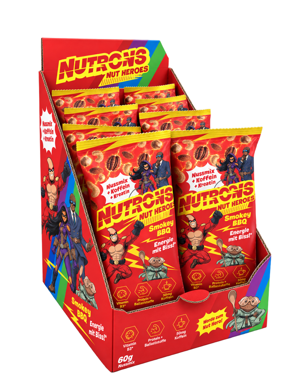 Geöffnete Smokey BBQ Energybox von Nutrons mit 12 Energypacks à 60 g