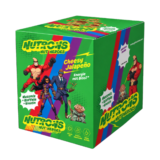 Verschlossene Cheesy Jalapeño Energybox von Nutrons in der Aufstellverpackung