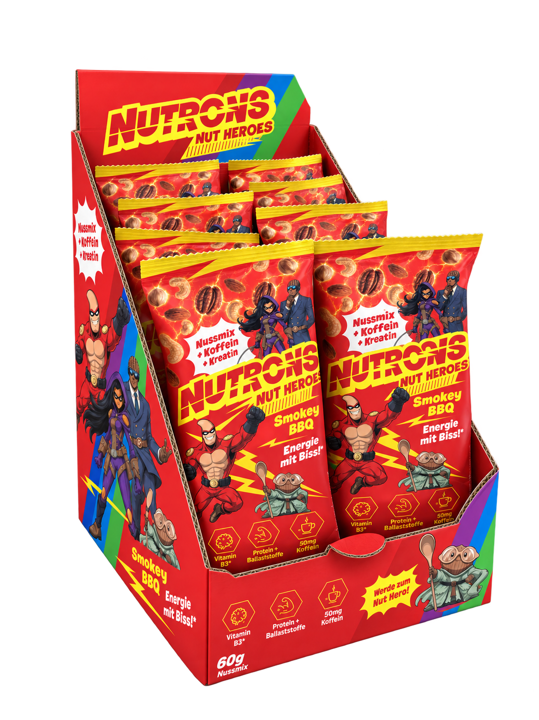 Geöffnete Smokey BBQ Energybox von Nutrons mit 12 Energypacks à 60 g