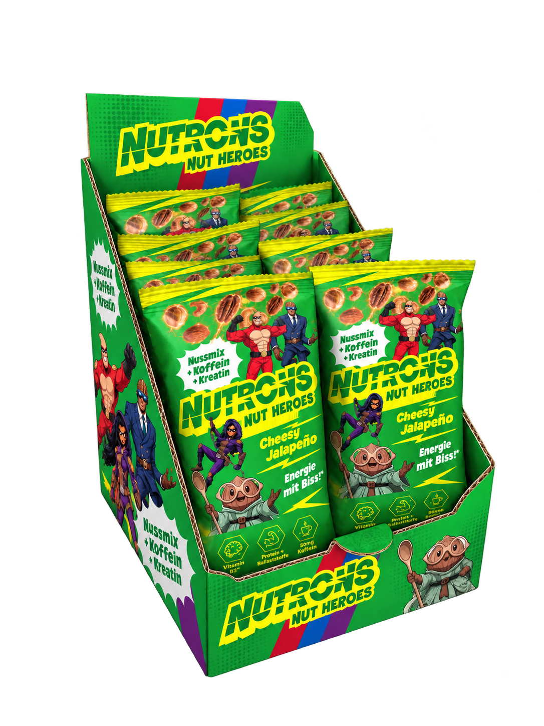 Geöffnete Cheesy Jalapeño Energybox von Nutrons mit 12 Energypacks à 60 g