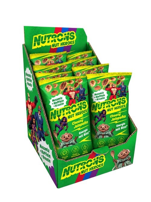 Geöffnete Cheesy Jalapeño Energybox von Nutrons mit 12 Energypacks à 60 g